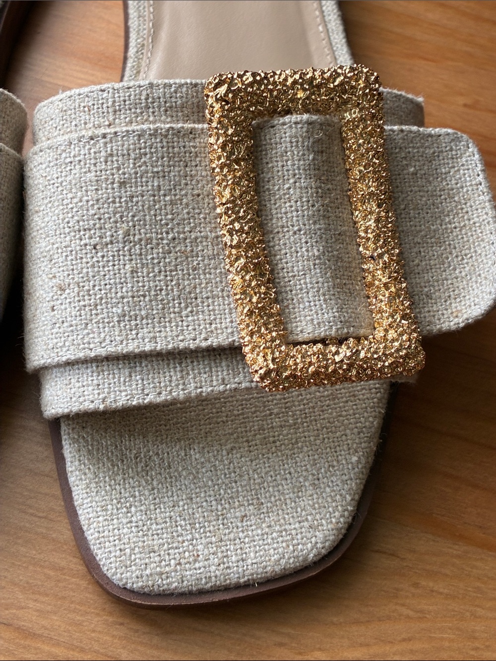 Neutral Beige Slide Mules with Gold Buckle - Picture 11 of 12
